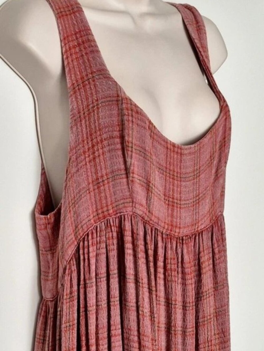 Free People Lily Anne Maxi Dress Plaid Ruffle Hem Back Tie Rose Terracotta XL - Picture 3 of 13